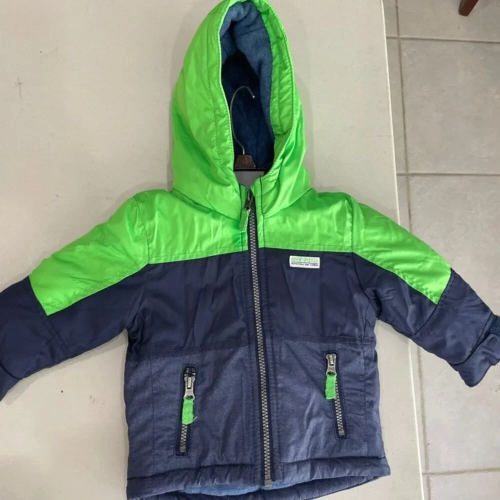 CARTERS HOODED PUFFER JACKET SZ 12 MONTHS BABY GREEN/NAVY BLUE COZY‎ WINTER CORE